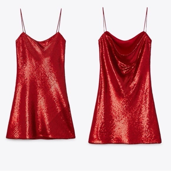 Zara Sequin Spaghetti Strap Red Holiday Mini Dress Blogger Fav festive Party lg - Picture 2 of 10